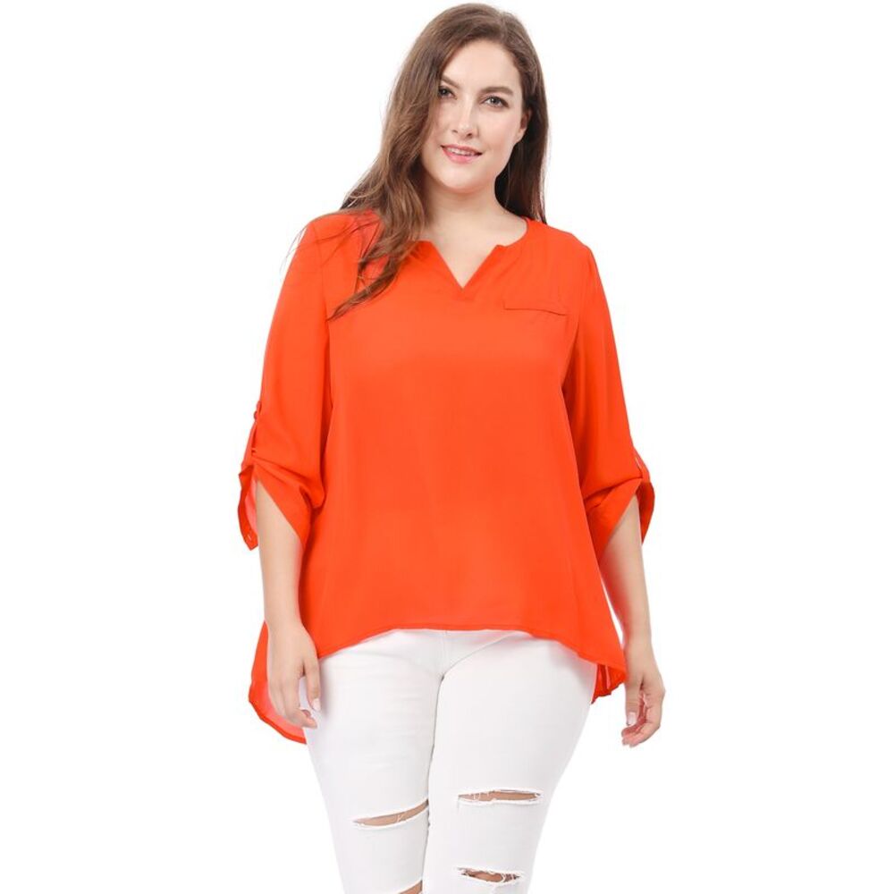 Women's Plus Size Tops Split Neck High Low Hem 3/4 Sleeves Chiffon Blouse Orange